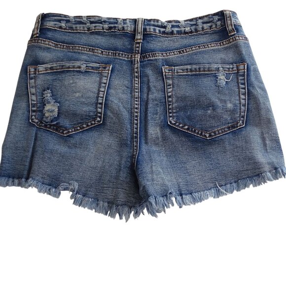Distressed Denim High-Waist Shorts Women Size L Raw Hem Button Fly Ripped - Picture 3 of 10